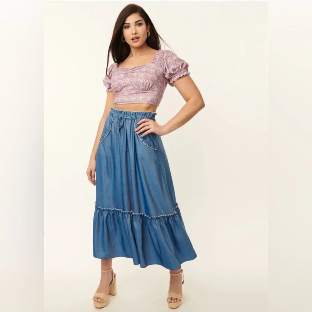 🦋B2G1🦋UNIQUE VINTAGE 1970s Chambray Ruffle Tiered Midi Skirt | NWT |